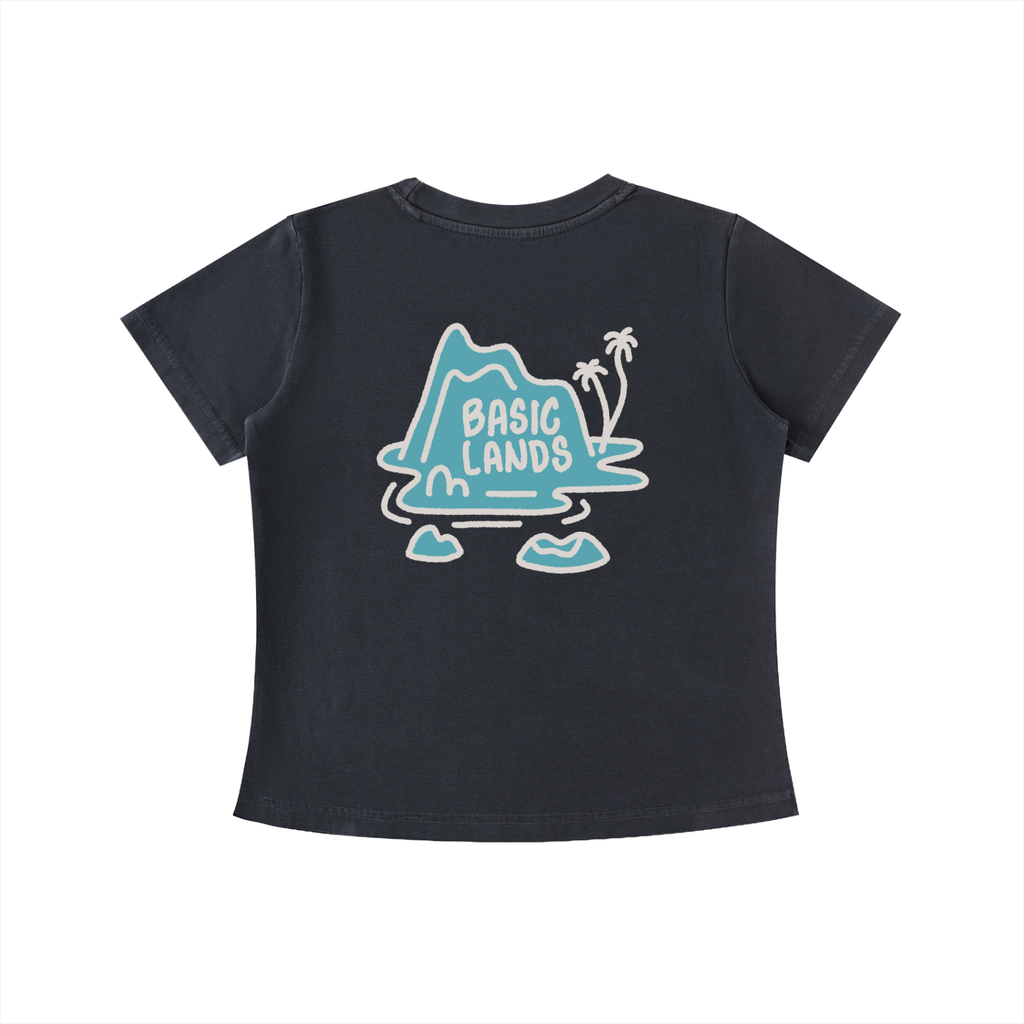 Black t-shirt with 'Basic Lands' graphic design on a white background