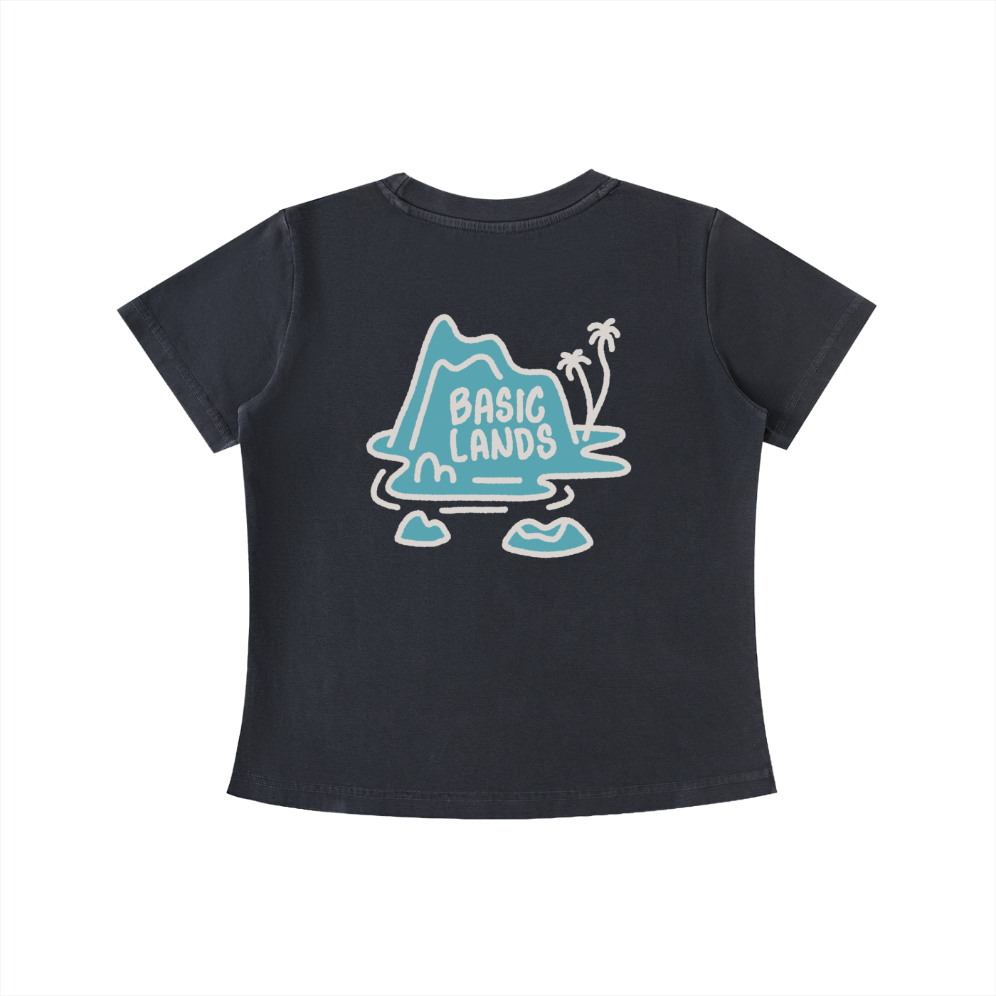 Black t-shirt with 'Basic Lands' graphic design on a white background